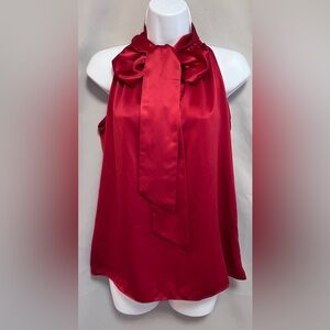 Banana Republic women’s Petite Blouse Sz SP‎ Red Satin Sleeveless Tie Neck